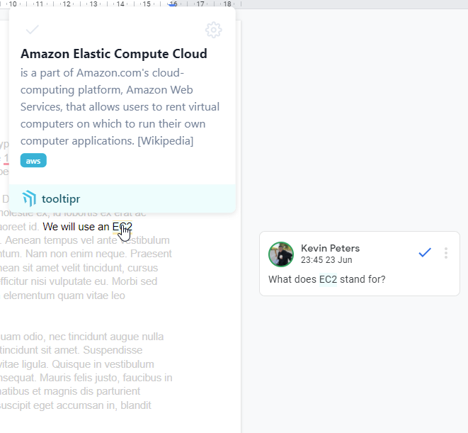 a screenshot showing tooltipr working in a Google Docs document