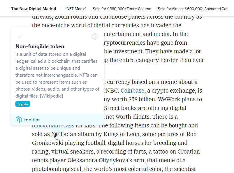 a screenshot showing tooltipr on the New York Times highlighting NFT, a Non-fungible token